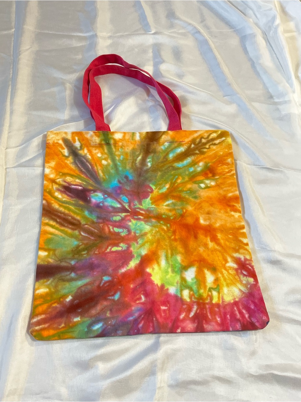 Tie-Dye Cotton Tote Bag with Pink Handles - Picture 2 of 4